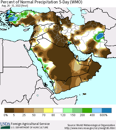 Middle East and Turkey Percent of Normal Precipitation 5-Day (WMO) Thematic Map For 8/26/2022 - 8/31/2022