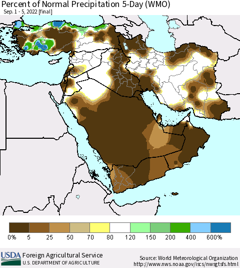 Middle East and Turkey Percent of Normal Precipitation 5-Day (WMO) Thematic Map For 9/1/2022 - 9/5/2022