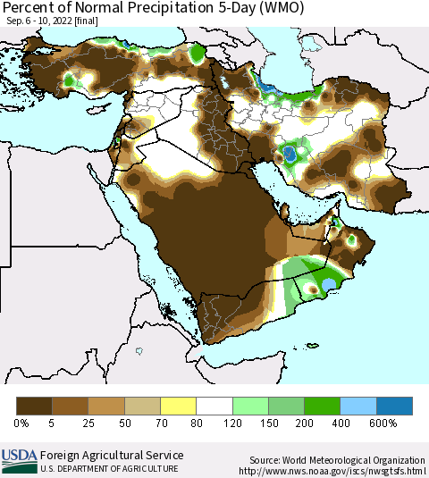 Middle East and Turkey Percent of Normal Precipitation 5-Day (WMO) Thematic Map For 9/6/2022 - 9/10/2022