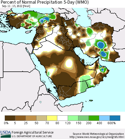 Middle East and Turkey Percent of Normal Precipitation 5-Day (WMO) Thematic Map For 9/11/2022 - 9/15/2022