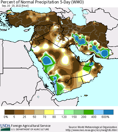 Middle East and Turkey Percent of Normal Precipitation 5-Day (WMO) Thematic Map For 9/16/2022 - 9/20/2022