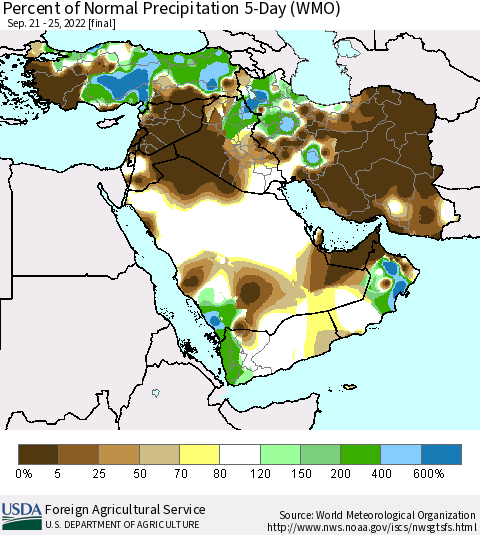 Middle East and Turkey Percent of Normal Precipitation 5-Day (WMO) Thematic Map For 9/21/2022 - 9/25/2022