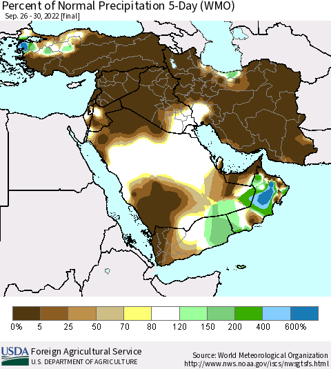 Middle East and Turkey Percent of Normal Precipitation 5-Day (WMO) Thematic Map For 9/26/2022 - 9/30/2022