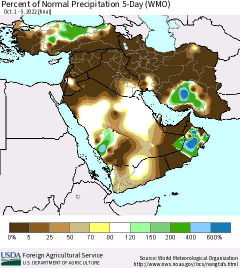 Middle East and Turkey Percent of Normal Precipitation 5-Day (WMO) Thematic Map For 10/1/2022 - 10/5/2022