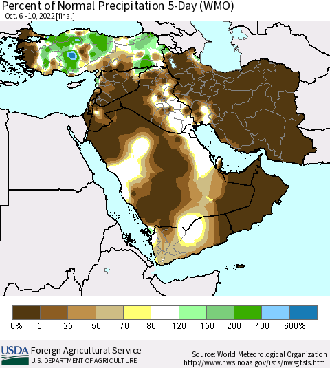 Middle East and Turkey Percent of Normal Precipitation 5-Day (WMO) Thematic Map For 10/6/2022 - 10/10/2022
