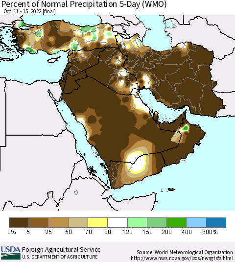 Middle East and Turkey Percent of Normal Precipitation 5-Day (WMO) Thematic Map For 10/11/2022 - 10/15/2022