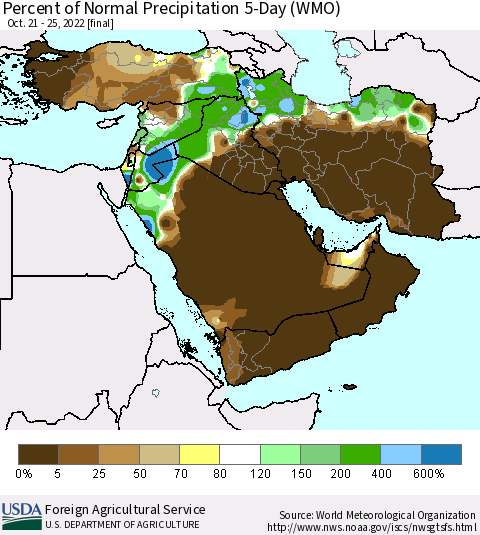 Middle East and Turkey Percent of Normal Precipitation 5-Day (WMO) Thematic Map For 10/21/2022 - 10/25/2022