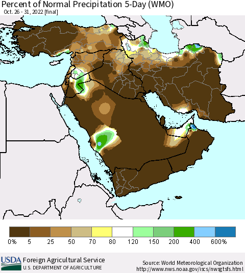 Middle East and Turkey Percent of Normal Precipitation 5-Day (WMO) Thematic Map For 10/26/2022 - 10/31/2022