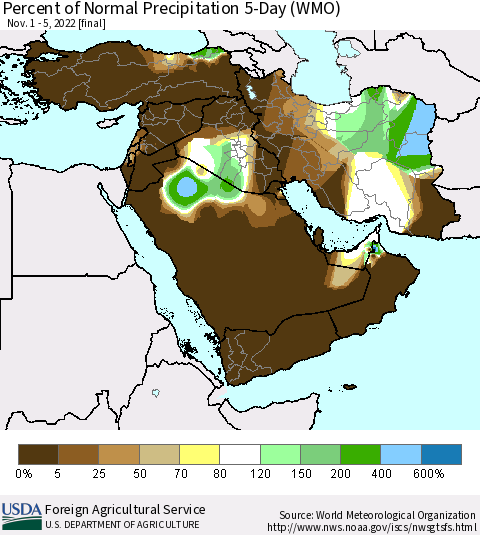Middle East and Turkey Percent of Normal Precipitation 5-Day (WMO) Thematic Map For 11/1/2022 - 11/5/2022