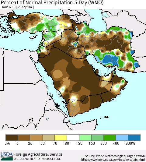 Middle East and Turkey Percent of Normal Precipitation 5-Day (WMO) Thematic Map For 11/6/2022 - 11/10/2022