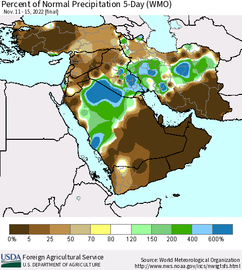 Middle East and Turkey Percent of Normal Precipitation 5-Day (WMO) Thematic Map For 11/11/2022 - 11/15/2022
