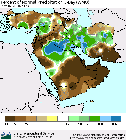 Middle East and Turkey Percent of Normal Precipitation 5-Day (WMO) Thematic Map For 11/16/2022 - 11/20/2022