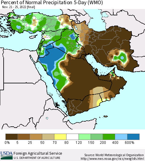 Middle East and Turkey Percent of Normal Precipitation 5-Day (WMO) Thematic Map For 11/21/2022 - 11/25/2022