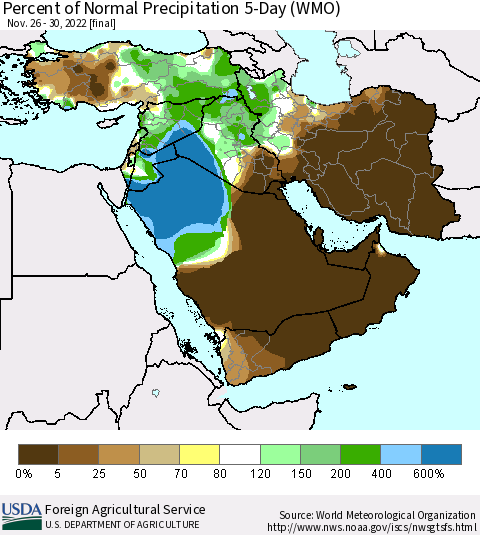 Middle East and Turkey Percent of Normal Precipitation 5-Day (WMO) Thematic Map For 11/26/2022 - 11/30/2022