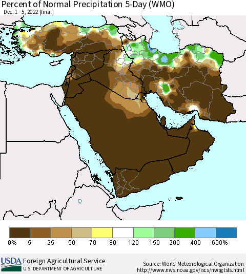 Middle East and Turkey Percent of Normal Precipitation 5-Day (WMO) Thematic Map For 12/1/2022 - 12/5/2022