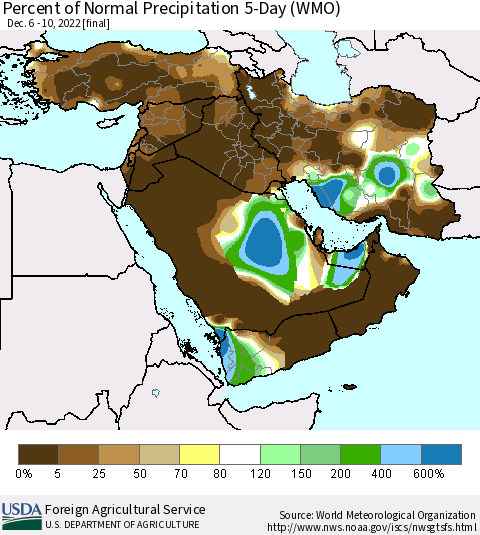 Middle East and Turkey Percent of Normal Precipitation 5-Day (WMO) Thematic Map For 12/6/2022 - 12/10/2022
