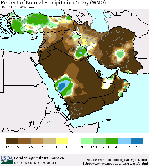 Middle East and Turkey Percent of Normal Precipitation 5-Day (WMO) Thematic Map For 12/11/2022 - 12/15/2022