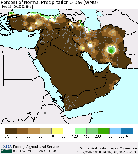 Middle East and Turkey Percent of Normal Precipitation 5-Day (WMO) Thematic Map For 12/16/2022 - 12/20/2022