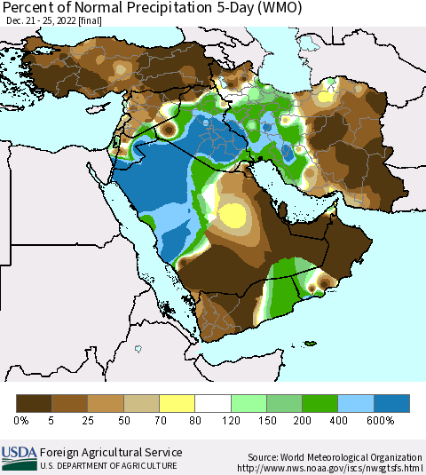 Middle East and Turkey Percent of Normal Precipitation 5-Day (WMO) Thematic Map For 12/21/2022 - 12/25/2022