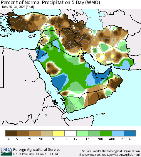 Middle East and Turkey Percent of Normal Precipitation 5-Day (WMO) Thematic Map For 12/26/2022 - 12/31/2022