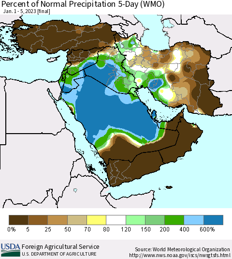 Middle East and Turkey Percent of Normal Precipitation 5-Day (WMO) Thematic Map For 1/1/2023 - 1/5/2023