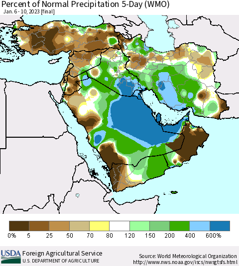 Middle East and Turkey Percent of Normal Precipitation 5-Day (WMO) Thematic Map For 1/6/2023 - 1/10/2023