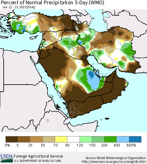 Middle East and Turkey Percent of Normal Precipitation 5-Day (WMO) Thematic Map For 1/11/2023 - 1/15/2023
