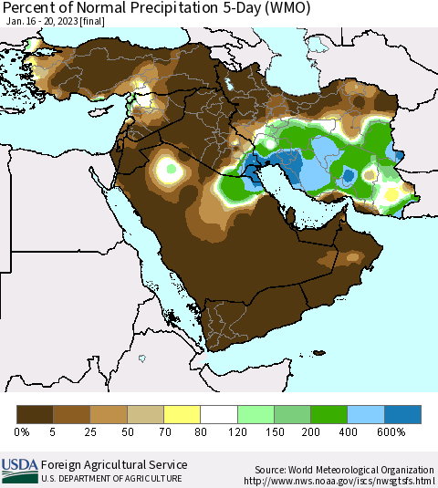 Middle East and Turkey Percent of Normal Precipitation 5-Day (WMO) Thematic Map For 1/16/2023 - 1/20/2023