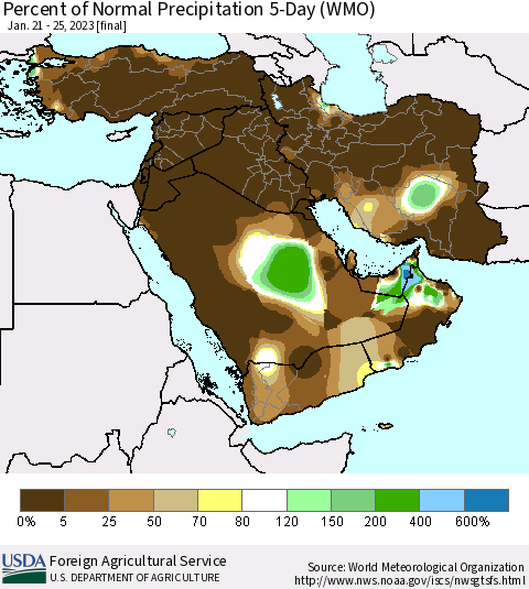 Middle East and Turkey Percent of Normal Precipitation 5-Day (WMO) Thematic Map For 1/21/2023 - 1/25/2023