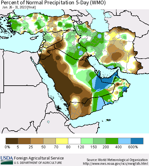 Middle East and Turkey Percent of Normal Precipitation 5-Day (WMO) Thematic Map For 1/26/2023 - 1/31/2023