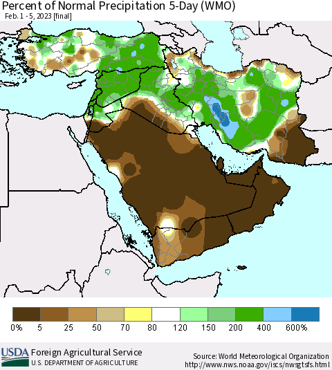 Middle East and Turkey Percent of Normal Precipitation 5-Day (WMO) Thematic Map For 2/1/2023 - 2/5/2023