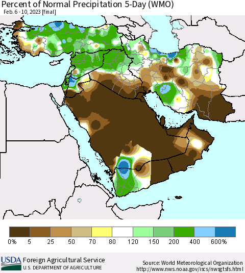 Middle East and Turkey Percent of Normal Precipitation 5-Day (WMO) Thematic Map For 2/6/2023 - 2/10/2023