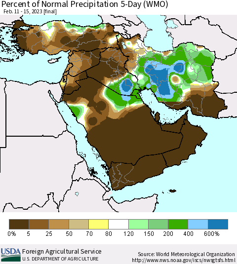 Middle East and Turkey Percent of Normal Precipitation 5-Day (WMO) Thematic Map For 2/11/2023 - 2/15/2023
