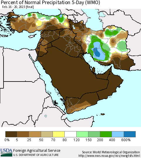 Middle East and Turkey Percent of Normal Precipitation 5-Day (WMO) Thematic Map For 2/16/2023 - 2/20/2023