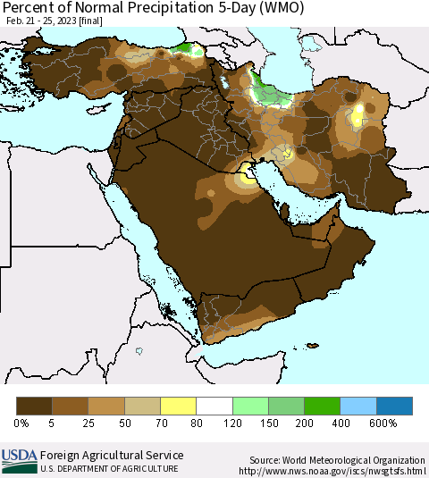 Middle East and Turkey Percent of Normal Precipitation 5-Day (WMO) Thematic Map For 2/21/2023 - 2/25/2023