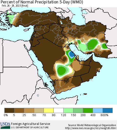 Middle East and Turkey Percent of Normal Precipitation 5-Day (WMO) Thematic Map For 2/26/2023 - 2/28/2023