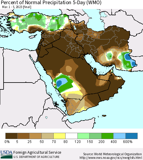 Middle East and Turkey Percent of Normal Precipitation 5-Day (WMO) Thematic Map For 3/1/2023 - 3/5/2023