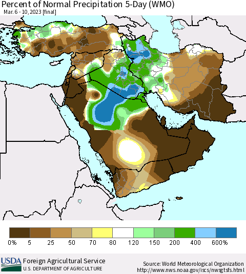 Middle East and Turkey Percent of Normal Precipitation 5-Day (WMO) Thematic Map For 3/6/2023 - 3/10/2023