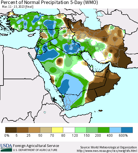 Middle East and Turkey Percent of Normal Precipitation 5-Day (WMO) Thematic Map For 3/11/2023 - 3/15/2023