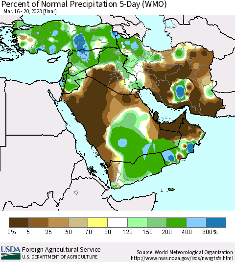 Middle East and Turkey Percent of Normal Precipitation 5-Day (WMO) Thematic Map For 3/16/2023 - 3/20/2023