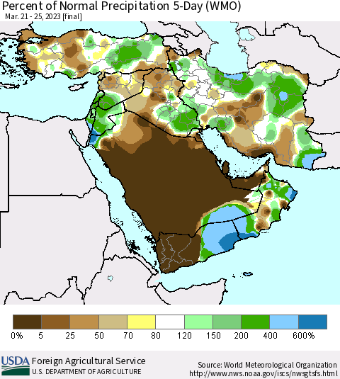 Middle East and Turkey Percent of Normal Precipitation 5-Day (WMO) Thematic Map For 3/21/2023 - 3/25/2023