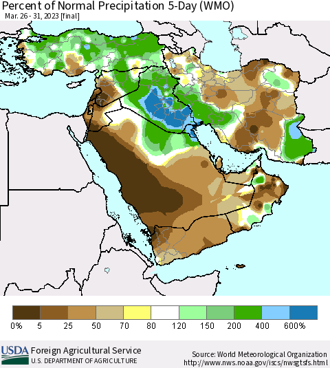Middle East and Turkey Percent of Normal Precipitation 5-Day (WMO) Thematic Map For 3/26/2023 - 3/31/2023