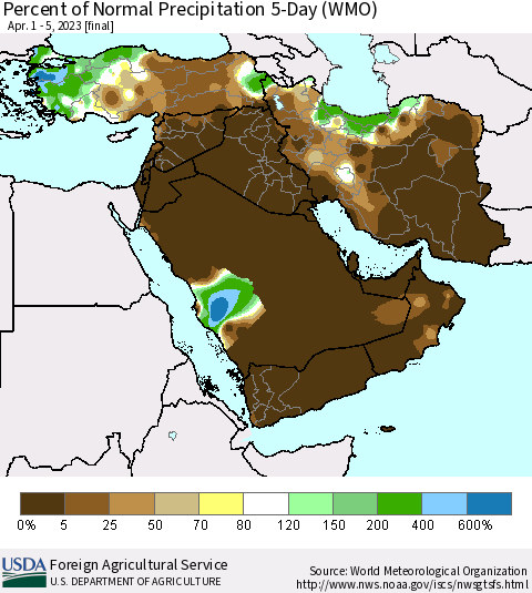 Middle East and Turkey Percent of Normal Precipitation 5-Day (WMO) Thematic Map For 4/1/2023 - 4/5/2023
