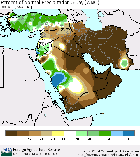 Middle East and Turkey Percent of Normal Precipitation 5-Day (WMO) Thematic Map For 4/6/2023 - 4/10/2023