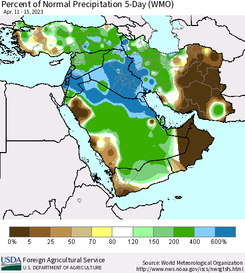 Middle East and Turkey Percent of Normal Precipitation 5-Day (WMO) Thematic Map For 4/11/2023 - 4/15/2023