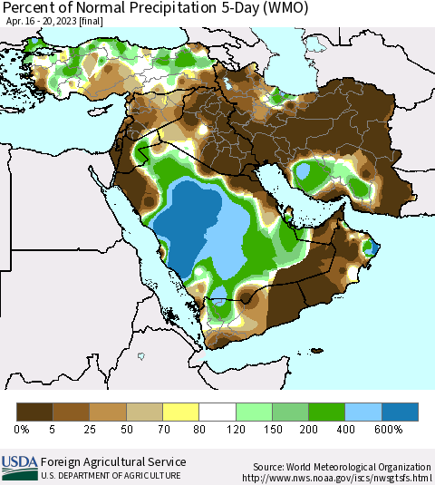 Middle East and Turkey Percent of Normal Precipitation 5-Day (WMO) Thematic Map For 4/16/2023 - 4/20/2023