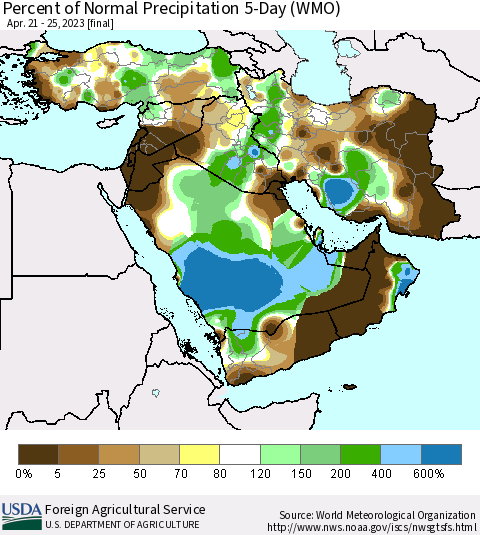 Middle East and Turkey Percent of Normal Precipitation 5-Day (WMO) Thematic Map For 4/21/2023 - 4/25/2023