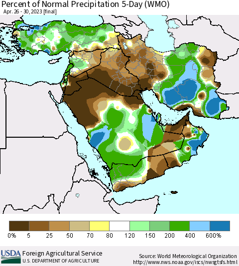Middle East and Turkey Percent of Normal Precipitation 5-Day (WMO) Thematic Map For 4/26/2023 - 4/30/2023