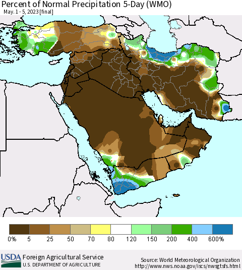 Middle East and Turkey Percent of Normal Precipitation 5-Day (WMO) Thematic Map For 5/1/2023 - 5/5/2023