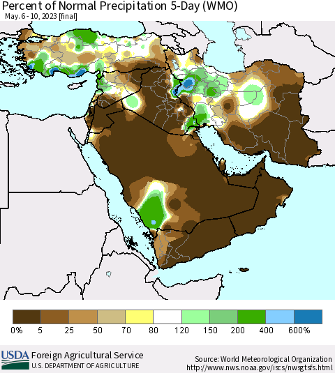 Middle East and Turkey Percent of Normal Precipitation 5-Day (WMO) Thematic Map For 5/6/2023 - 5/10/2023